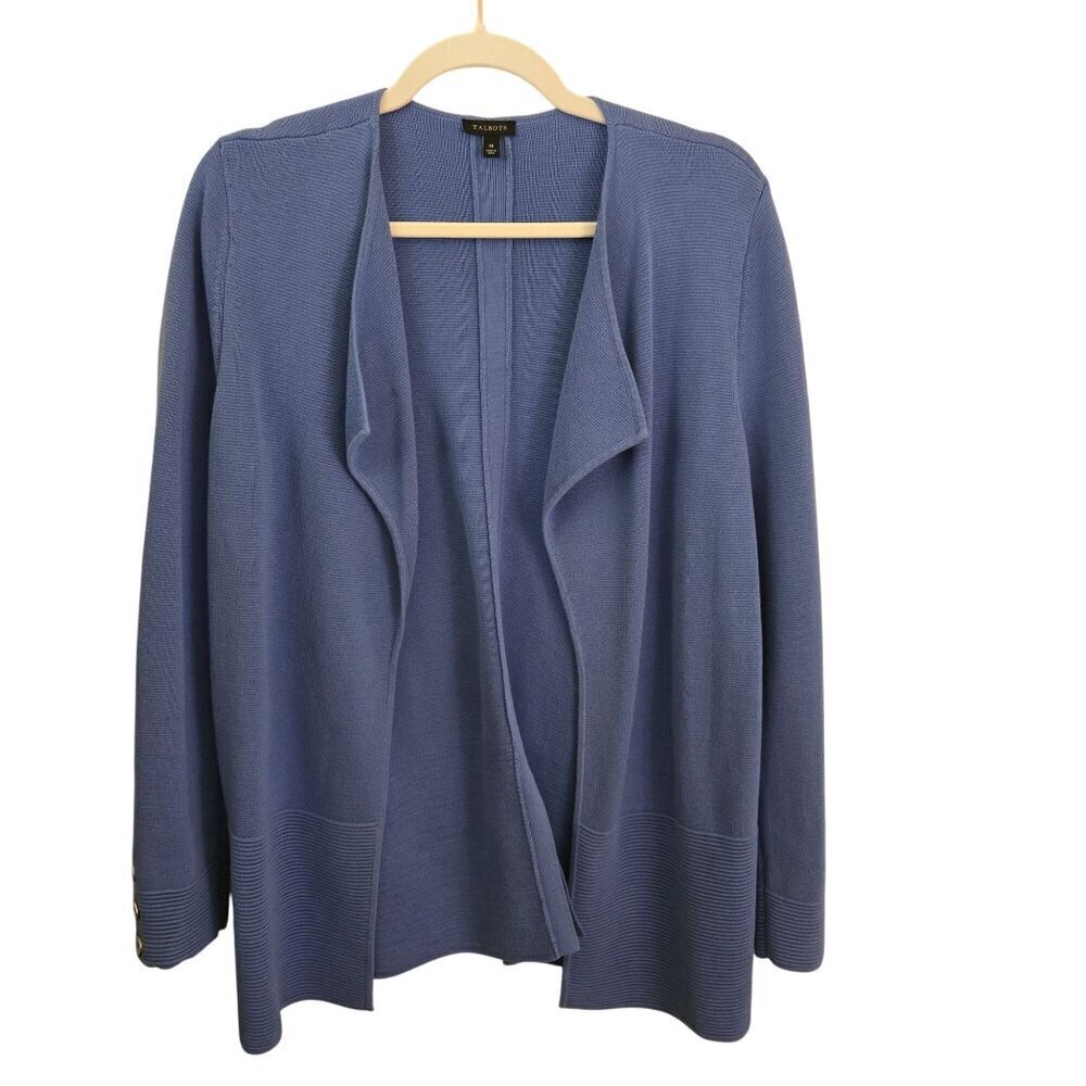 Talbots NWOT Blue Cotton Blend Ribbed Detail Open Front Sweater Jacket Size M